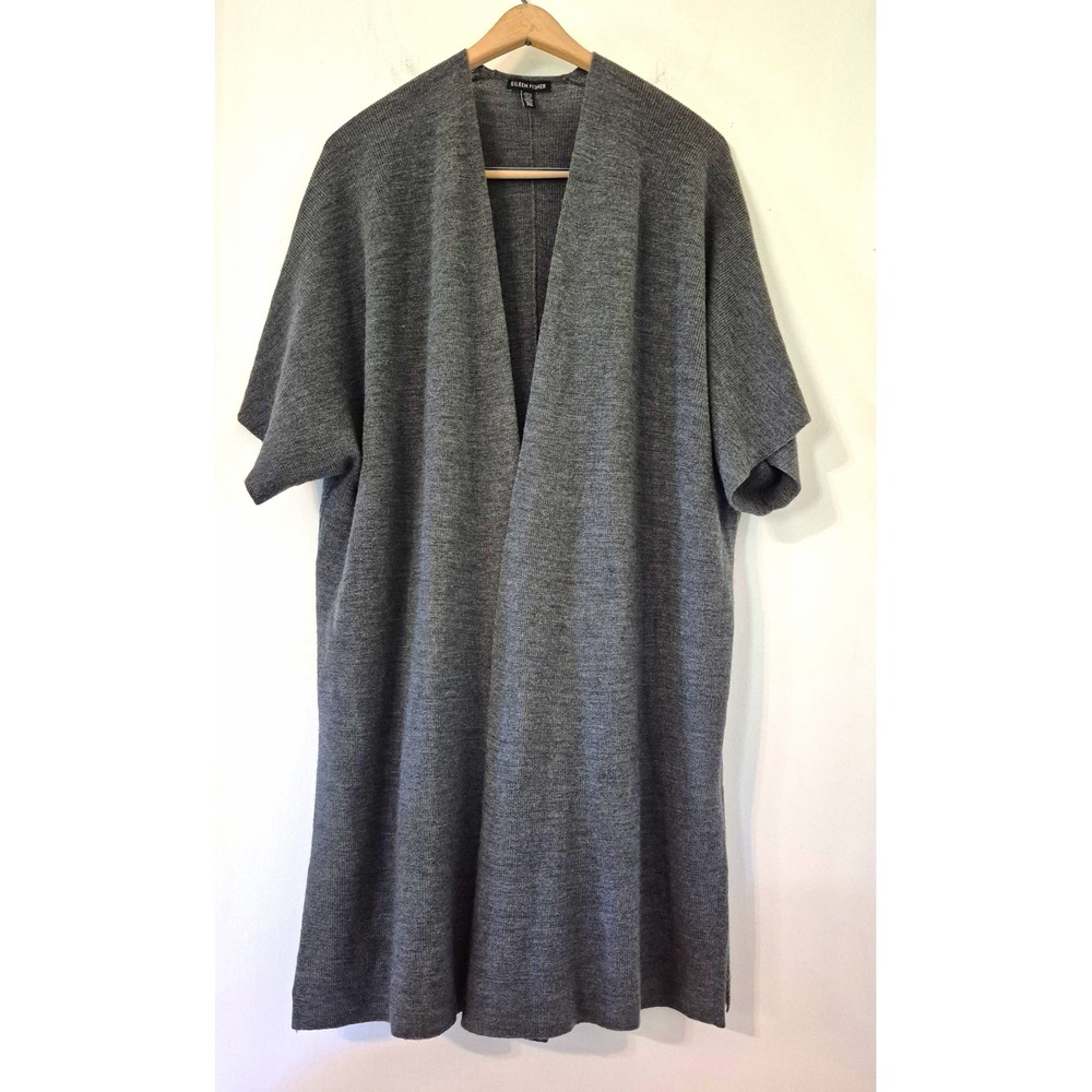 Eileen Fisher 100% Italian Merino Wool Cardigan Open Front Short Sleeve Sweater